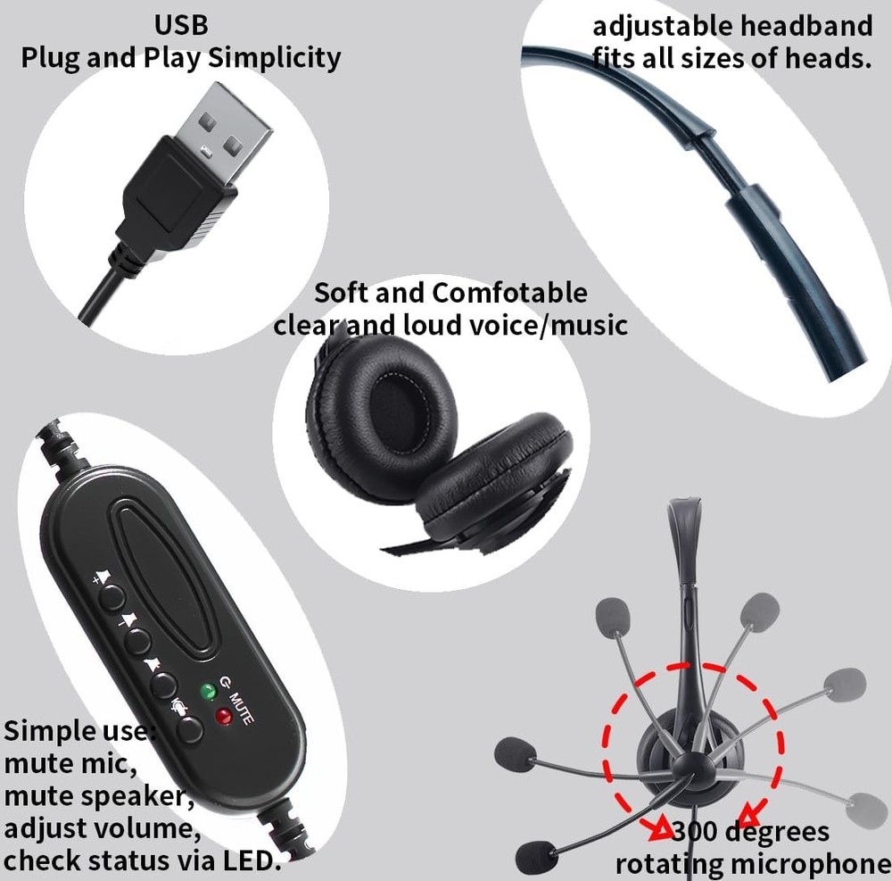 Computer USB Headset with Mic, Wired Headphones with Microphone for PC, Laptop (