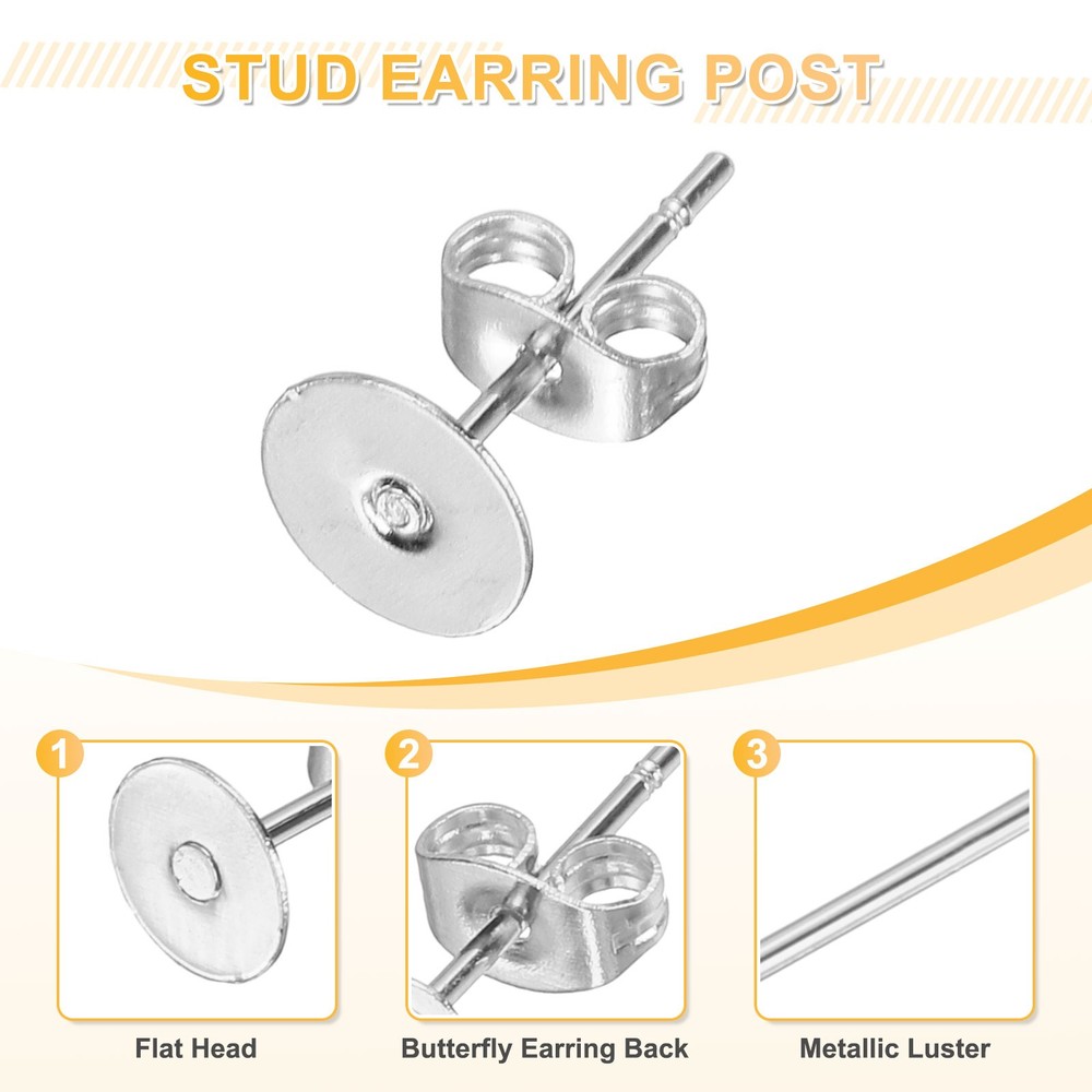 100Pcs Stud Earring Posts, 6mm Ear Pin with Butterfly Earring Backs, Silver