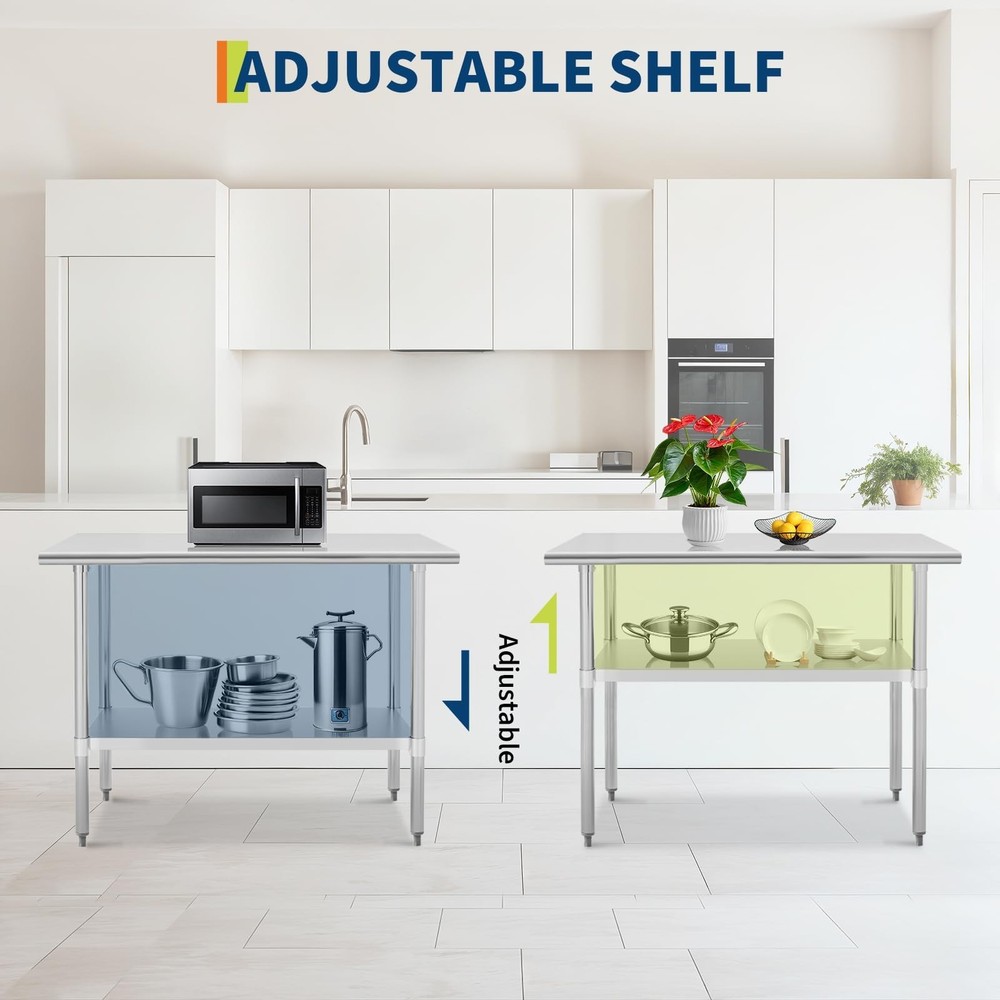 Stainless Steel Table 48x30 Inch Kitchen Prep Table with Adjustable Shelf
