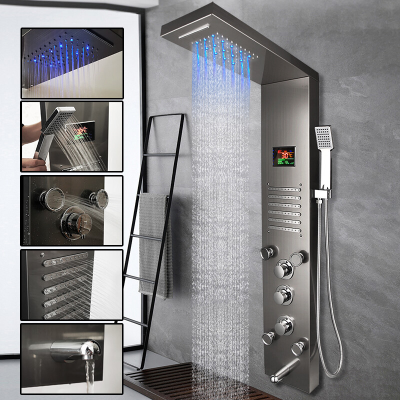 Black Shower Panel Tower System LED Rectangle Shower Head Massage Jets Mixer Set