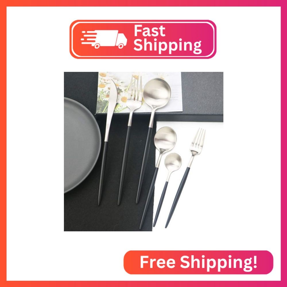 JASHII 18/10 Black Handle Flatware Silver Silverware Set 304 Stainless Steel Fla