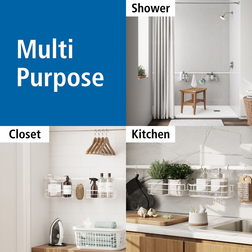 Tension Rod Bath Organizer Pole Caddy No Tools 4.85 6 Ft. Rust Resistant White