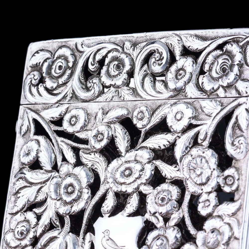 Antique Victorian Solid Silver Card Case Pierced Flowers - Francis Clark 1839