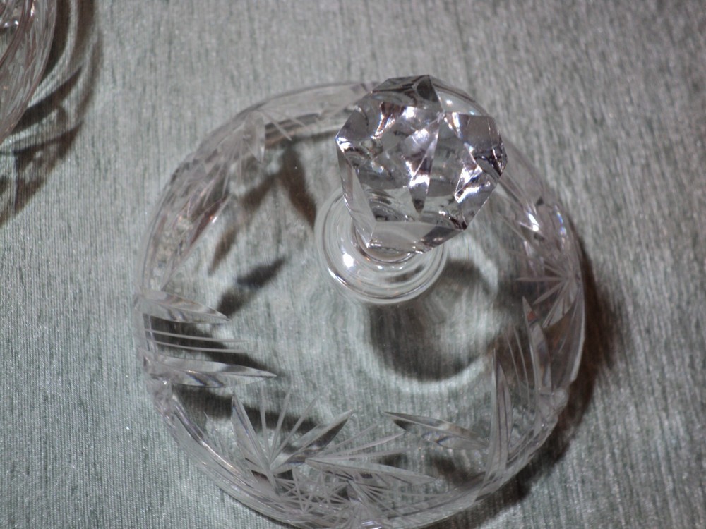 Crystal round covered footed candy dish.