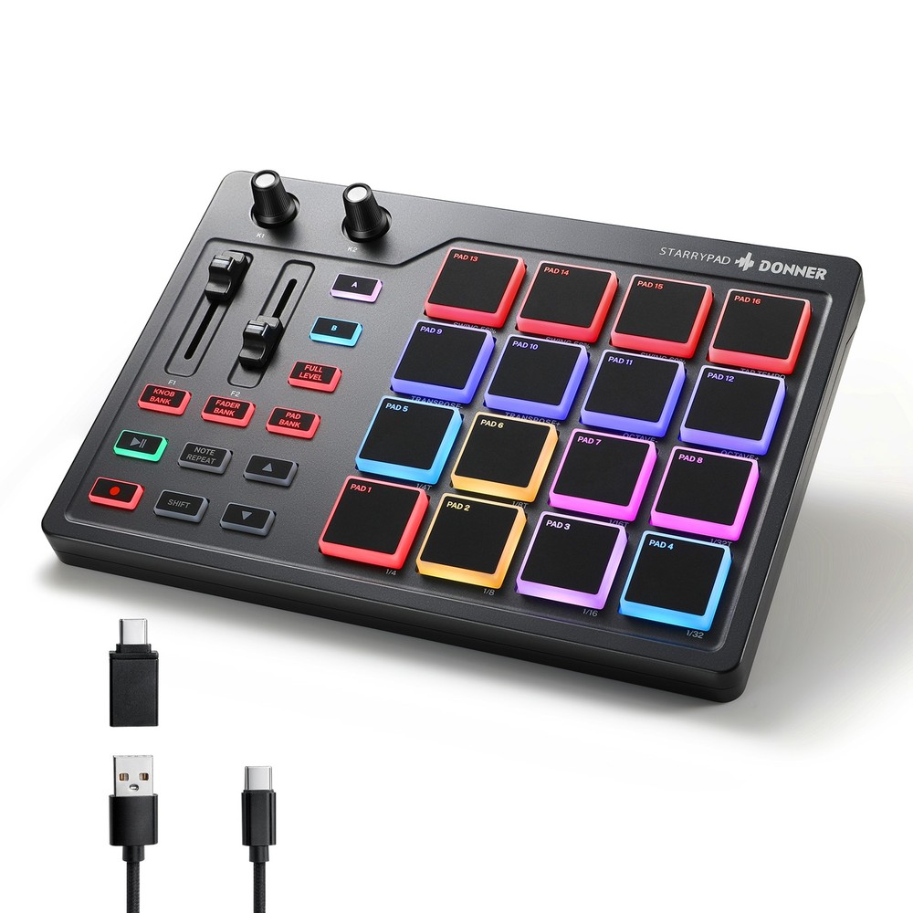 Donner Starrypad MIDI Controller Pad Beat Maker Machine 16 Pad 2 Fader & Knobs