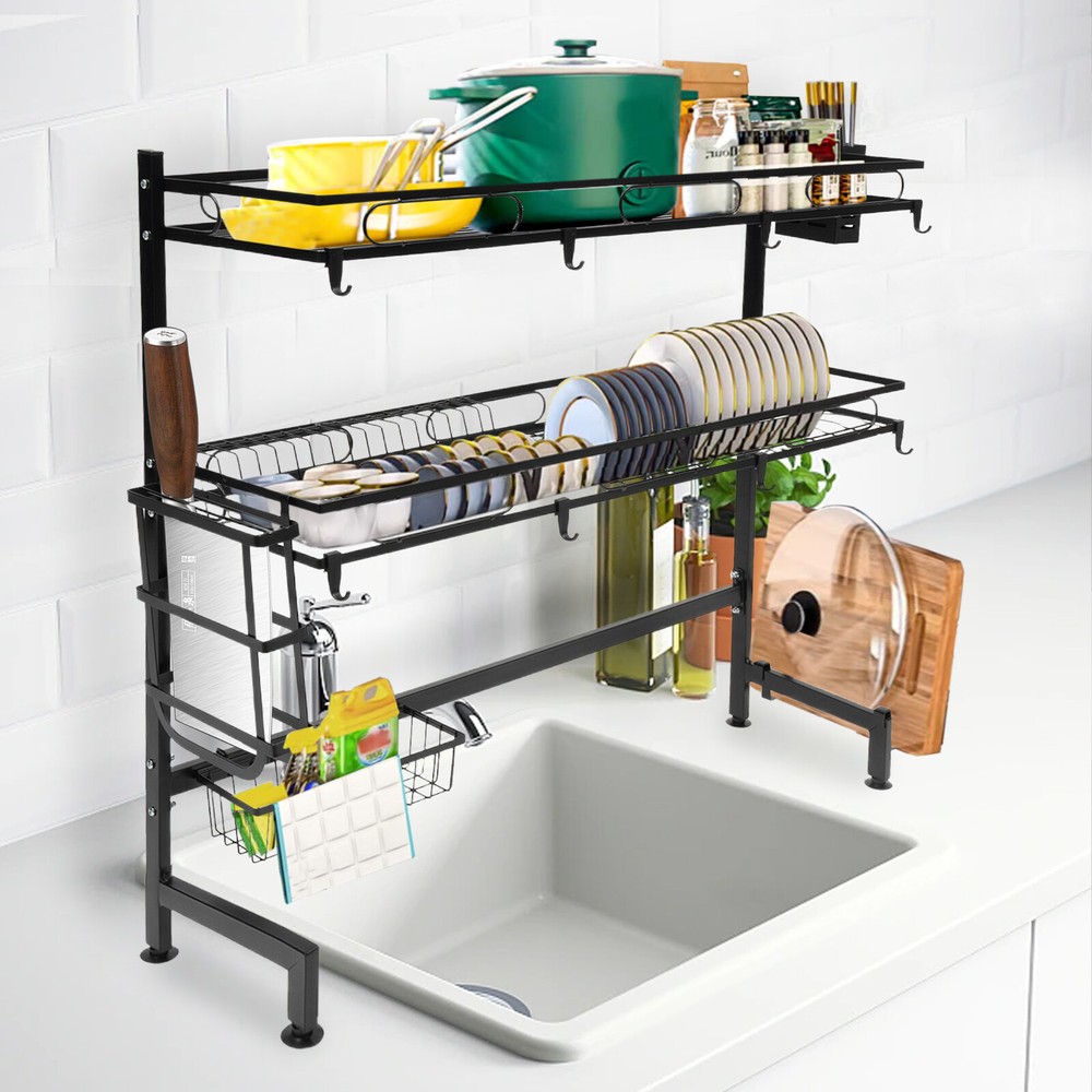 2 Tier Over Sink Dish Drying Rack Cutlery Drainer Kitchen Shelf Cup Organizer