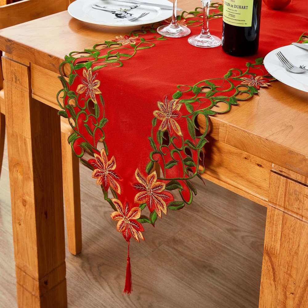 AMARED Christmas Embroidered Table Runner Cutwork Green Leaves Holiday Table Lin