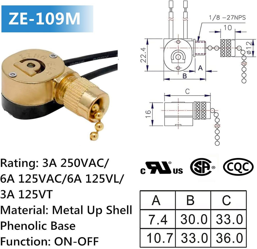 Ceiling Fan Switch Zing Ear ZE-109M Pull Chain Switch On/Off Light Switch Compat
