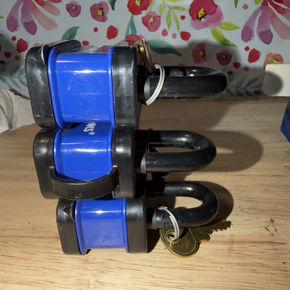 Three Brinks Blue Covered Outdoor Padlock Keyed Alike New Open Box