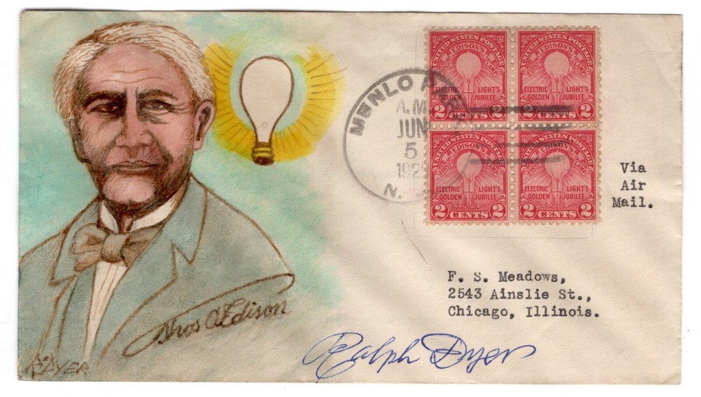 #654 Edison 1929 FDC  - Hand-Painted Ralph Dyer Signed
