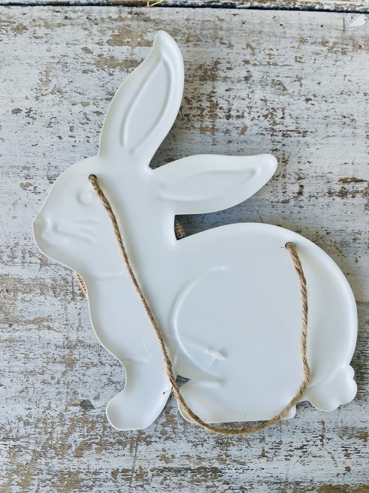 Spring Peach Gingham Hanging Metal Bunny