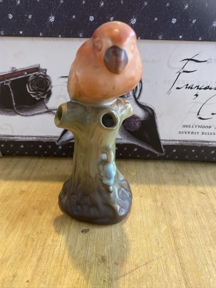 Ceramic Red Parrot On Tree Stump