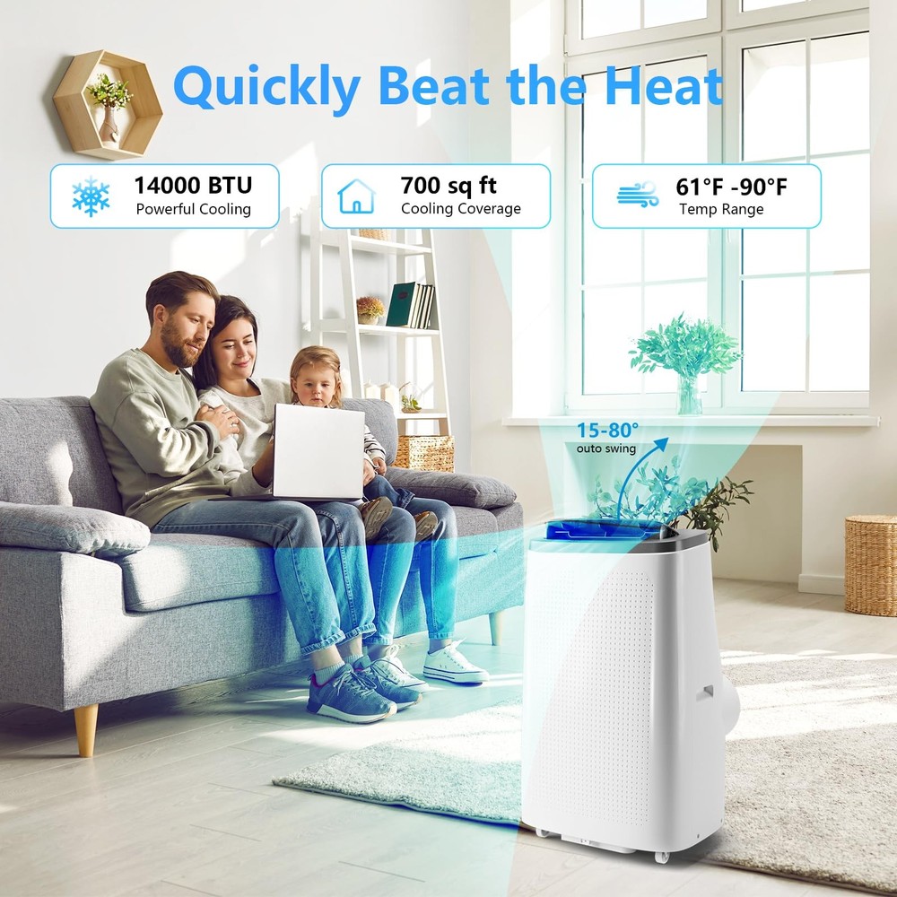14000 BTU Portable Air Conditioner Remote Control Quiet Cools 700 Sq Ft Home