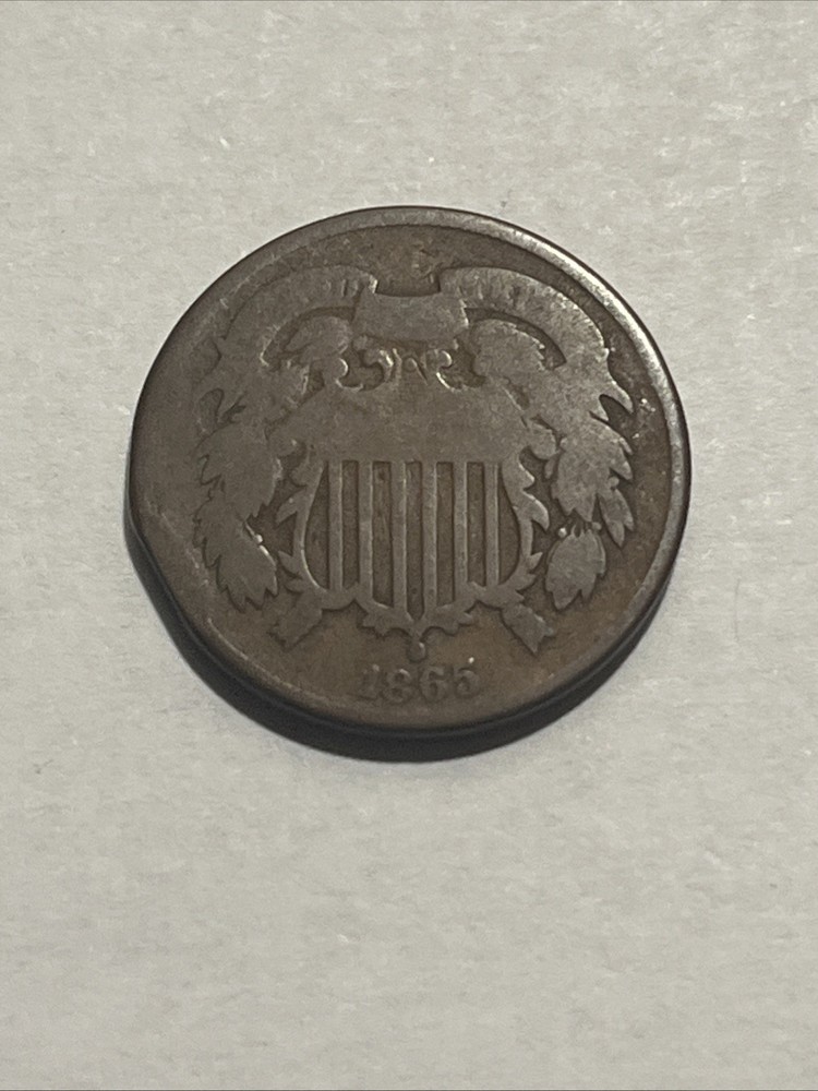 1865 Two Cent Piece, US 2c Copper Type Coin, Rim Ding, Damaged