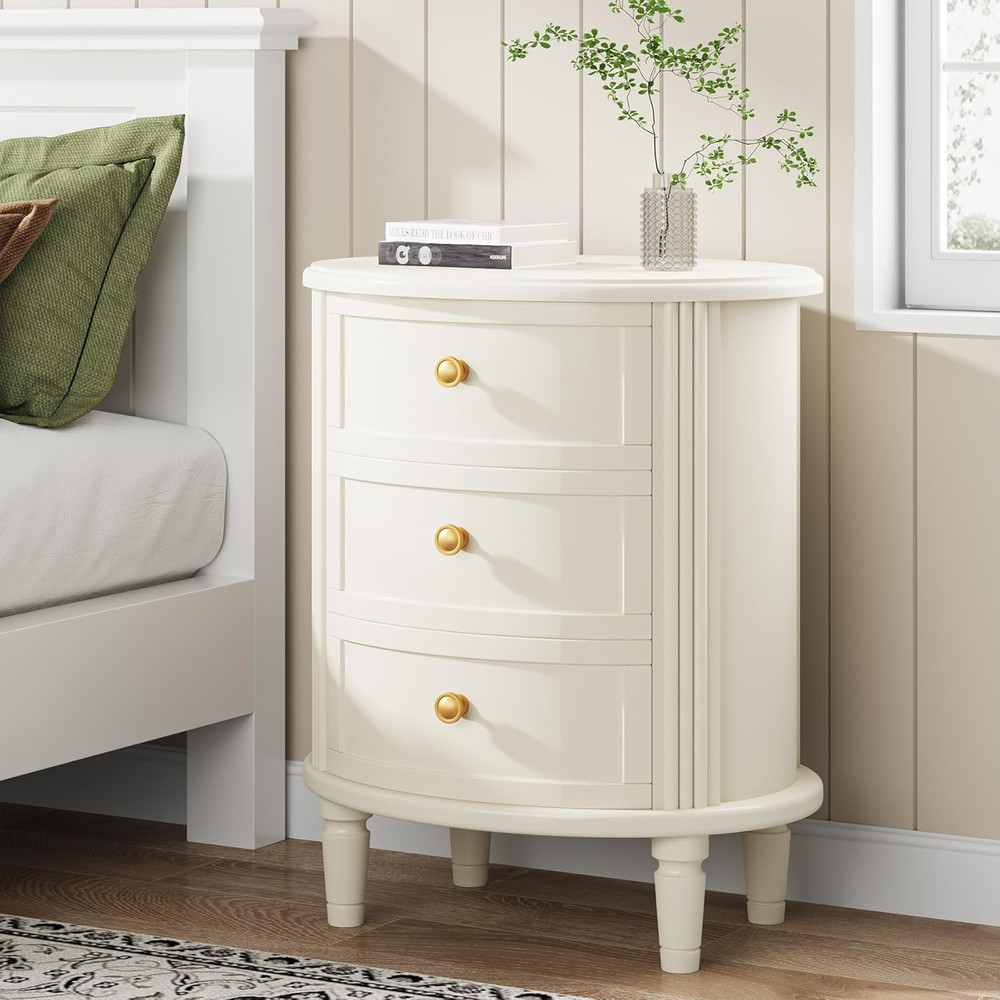 Nightstand with 3 Drawers, Oval Bed Side Table for Bedroom, Fully Assembled, Far