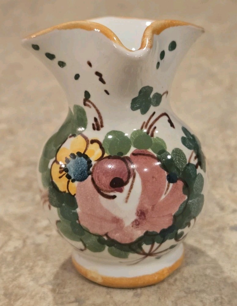 Hand Painted Miniature Ceramic Pitcher Floral Pattern Signed 2 3/4" Tall