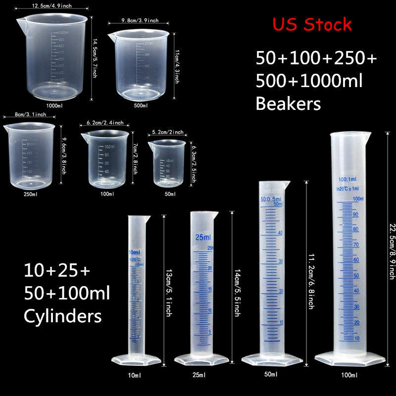 Lab Plasticware Set,4 Clear Plastic Graduated Cylinders with 5 Beakers +1 Brush