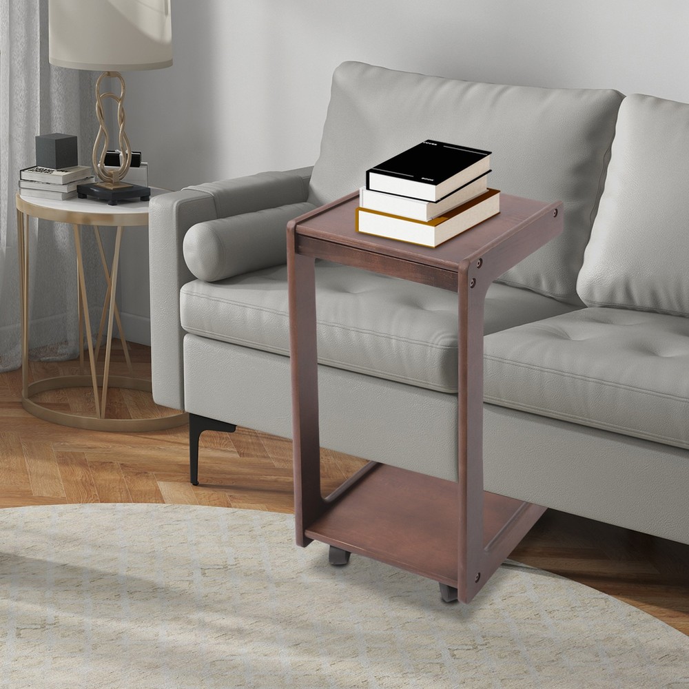 2-tierd Solid Wood Bedside C-shaped Side Table W/ Drawer & Lockable Wheels