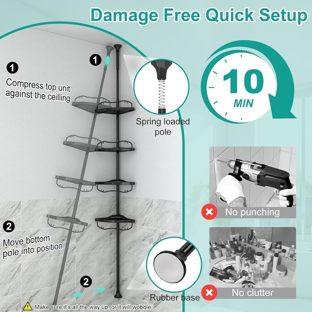 Corner : Rustproof 125" Tension Inside Shower Organizer, Adjustable Bathroom ...