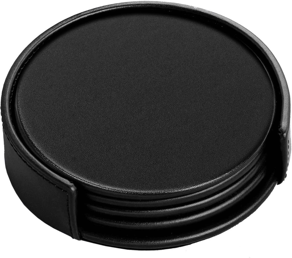 Black Leather 4-Round Coaster Set