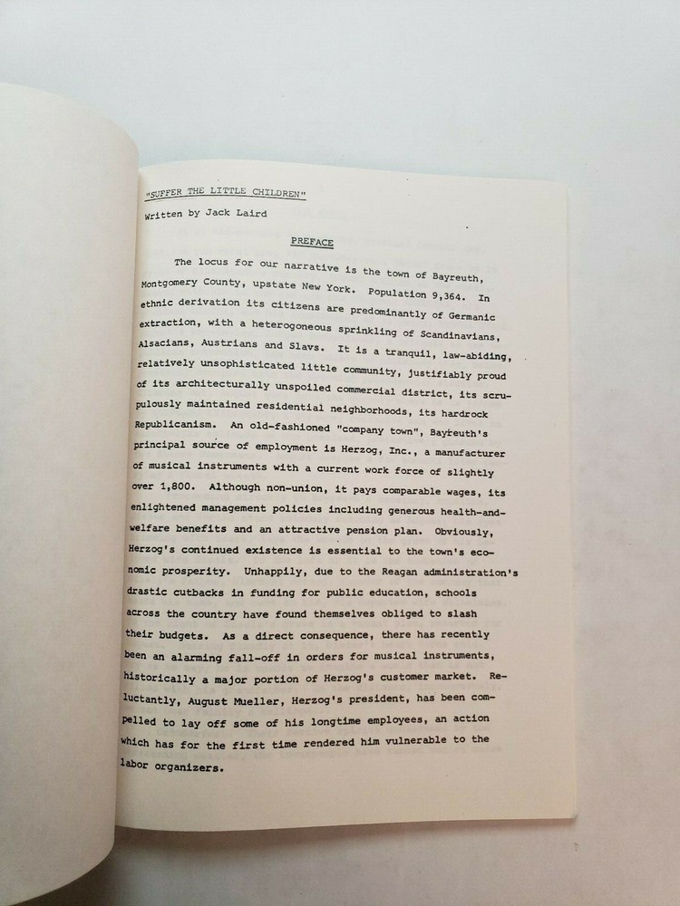 SUFFER THE LITTLE CHILDREN / Jack Laird 1988 Unproduced SYNOPSIS script