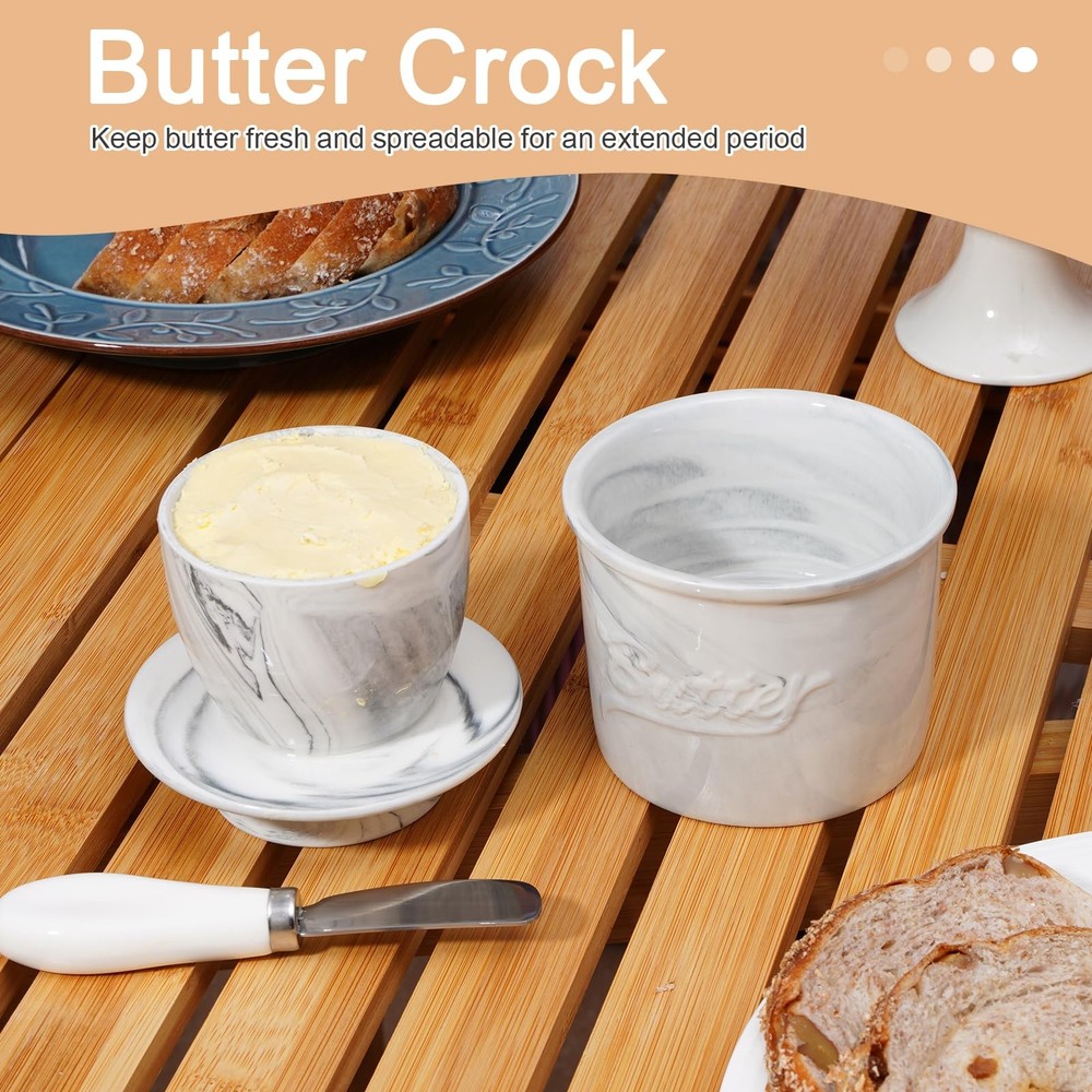 Ceramic Butter Crock with Lid, Marbled Butter Keeper for Spreadable Butter, E
