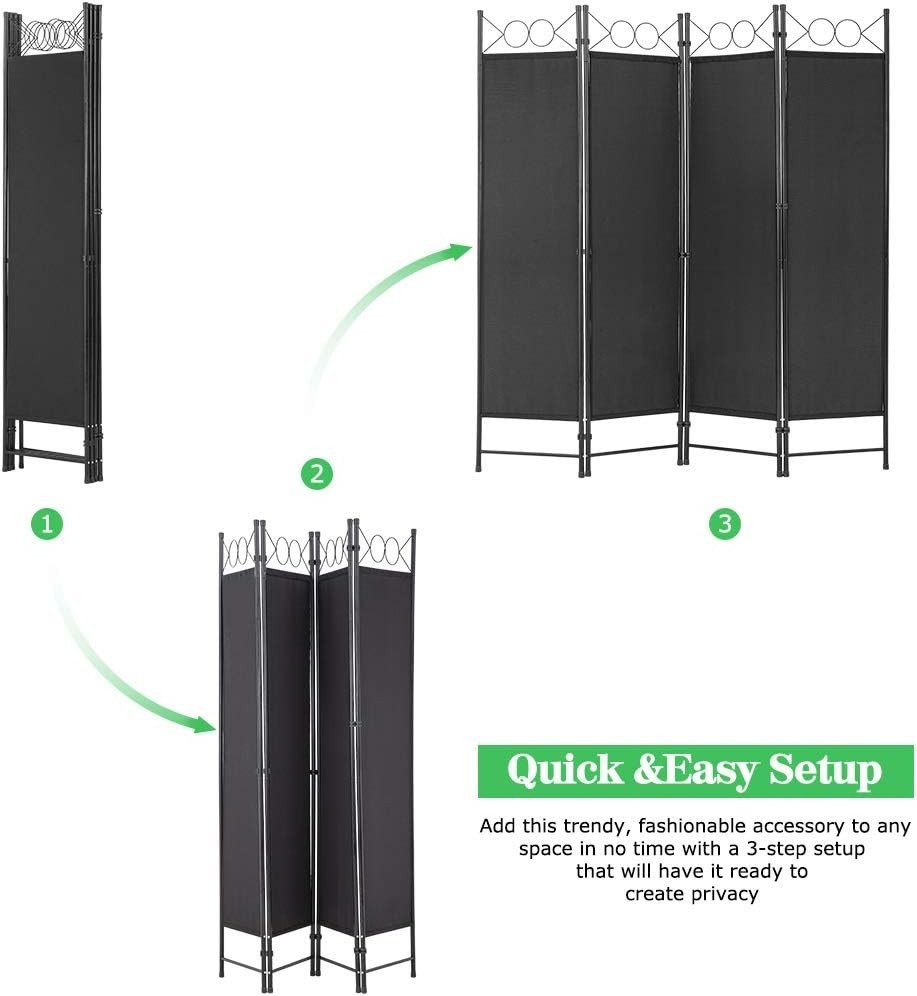 4 Panel Room Divider 6.8FT Steel Frame Screen Folding Privacy Divider