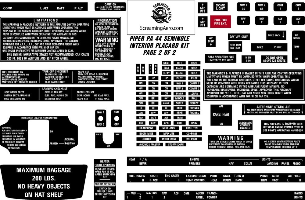 Piper PA44 Seminole Interior Placard Kit