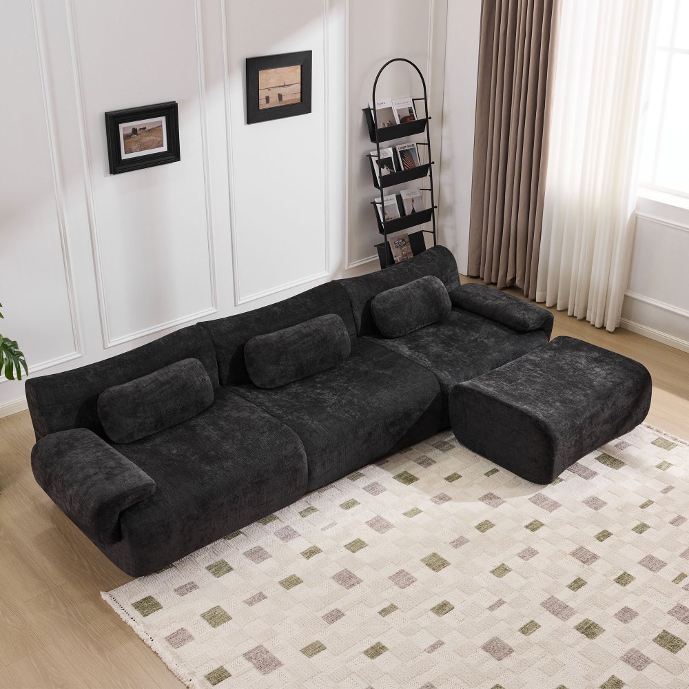 Modular Chenille Sofa 3-Seat Cushion Back Modern Upholstered Sectional, Black