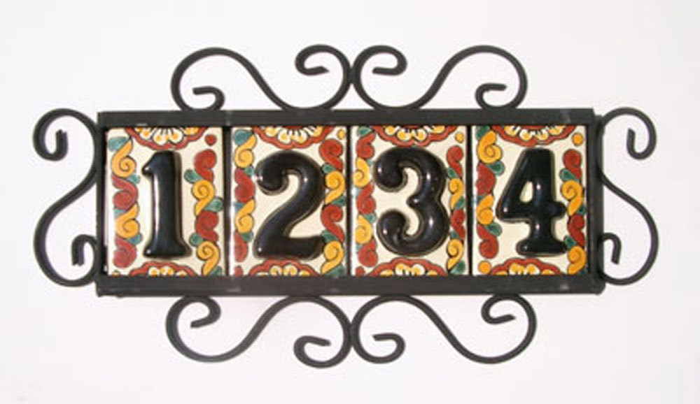 4 Mexican BLACK House Numbers Tiles with HORIZONTAL Iron Frame