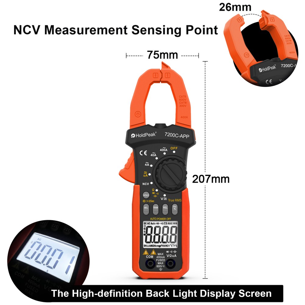 HoldPeak Clamp Meter True RMS 4000 Counts Bluetooth AC/DC Amp Voltage Tester