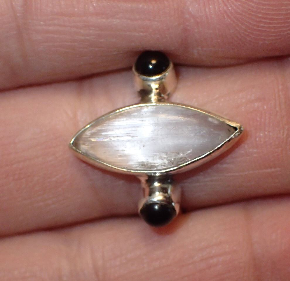 Selenite & Black Onyx in Sterling Silver Ring  s.7