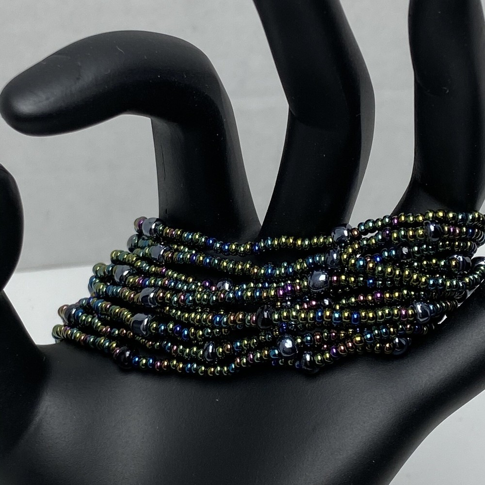 Dark Multi Colored Metallic Seed Bead Multi Strand Bracelet