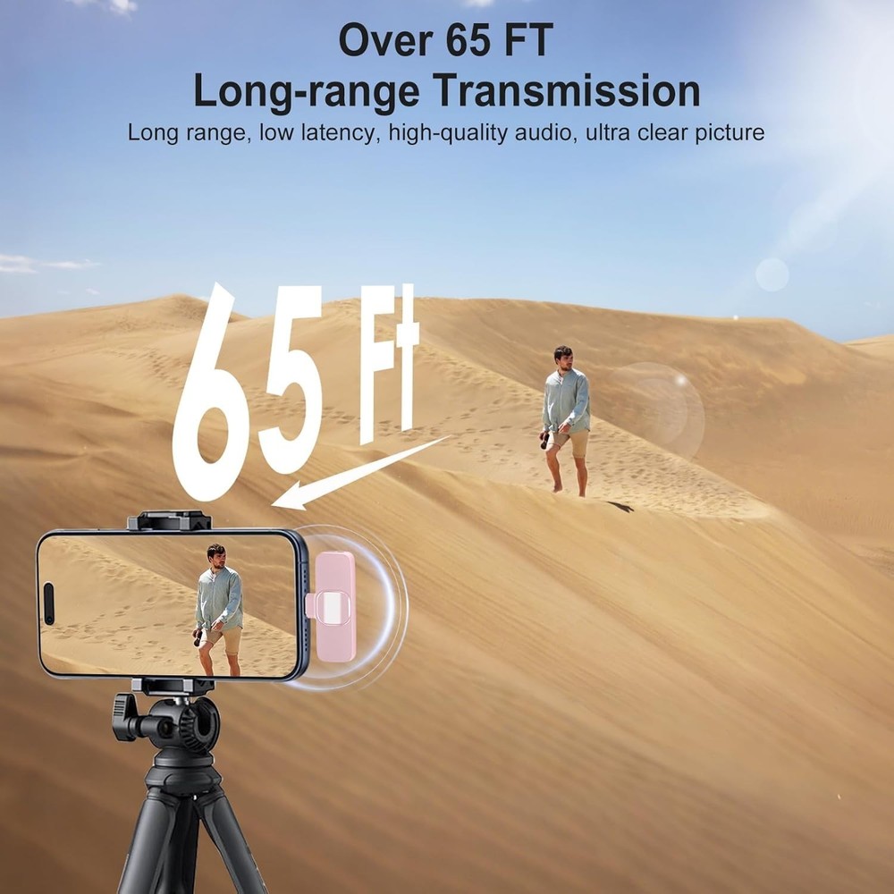 Professional Wireless Lavalier Microphone: Omnidirectional, 65ft Range, Pink