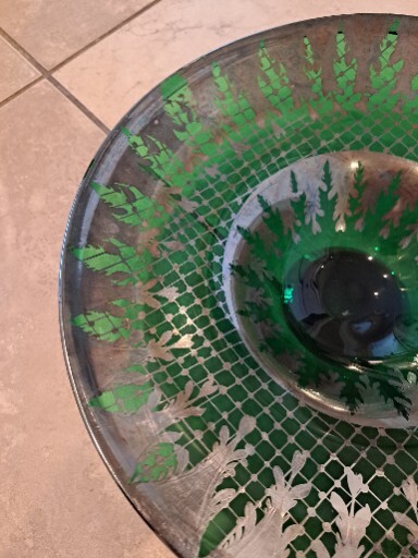 " Console Centerpiece Bowl Flared Green W Silver Design