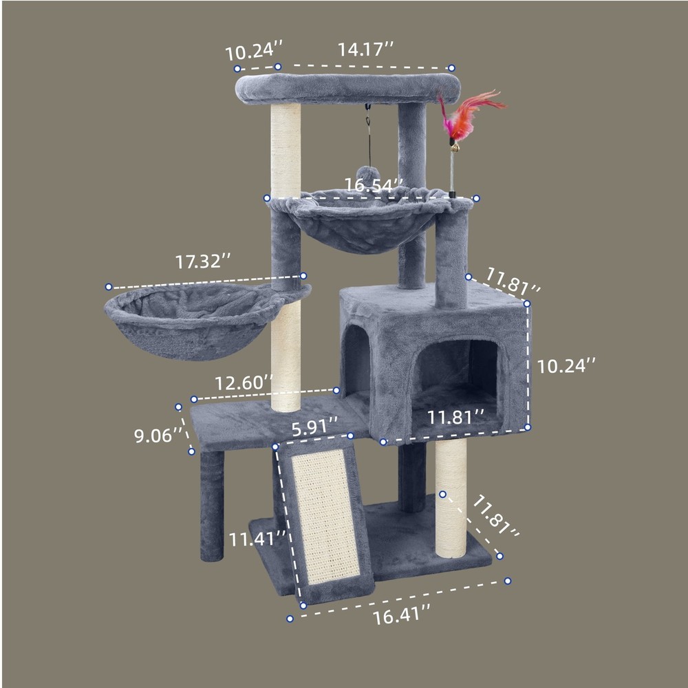 37" Cat Tree Tower 3-Tier Compact Condo with Scratching Post Hammock Grey