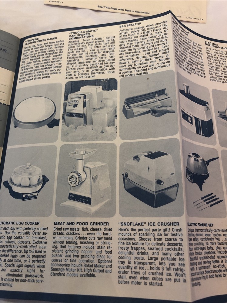 1981 Osterizer Accessory Information and Coupons, Service Info, Replacement Part