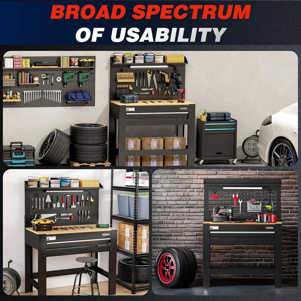 WORKPRO 45" Garage Workbench w/Storage Heavy-Duty Workbench with Pegboard 800LBS