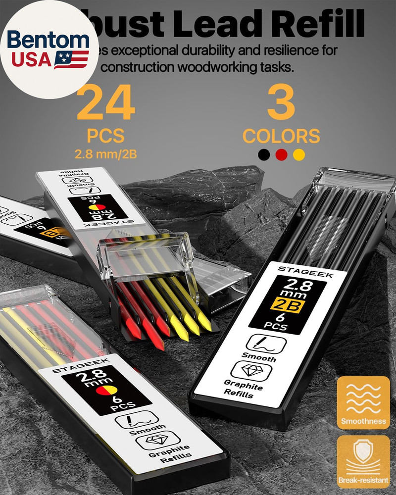 2PCS Carpenter Pencils with Sharpener, Heavy Duty Woodworking Tools, Mechanical