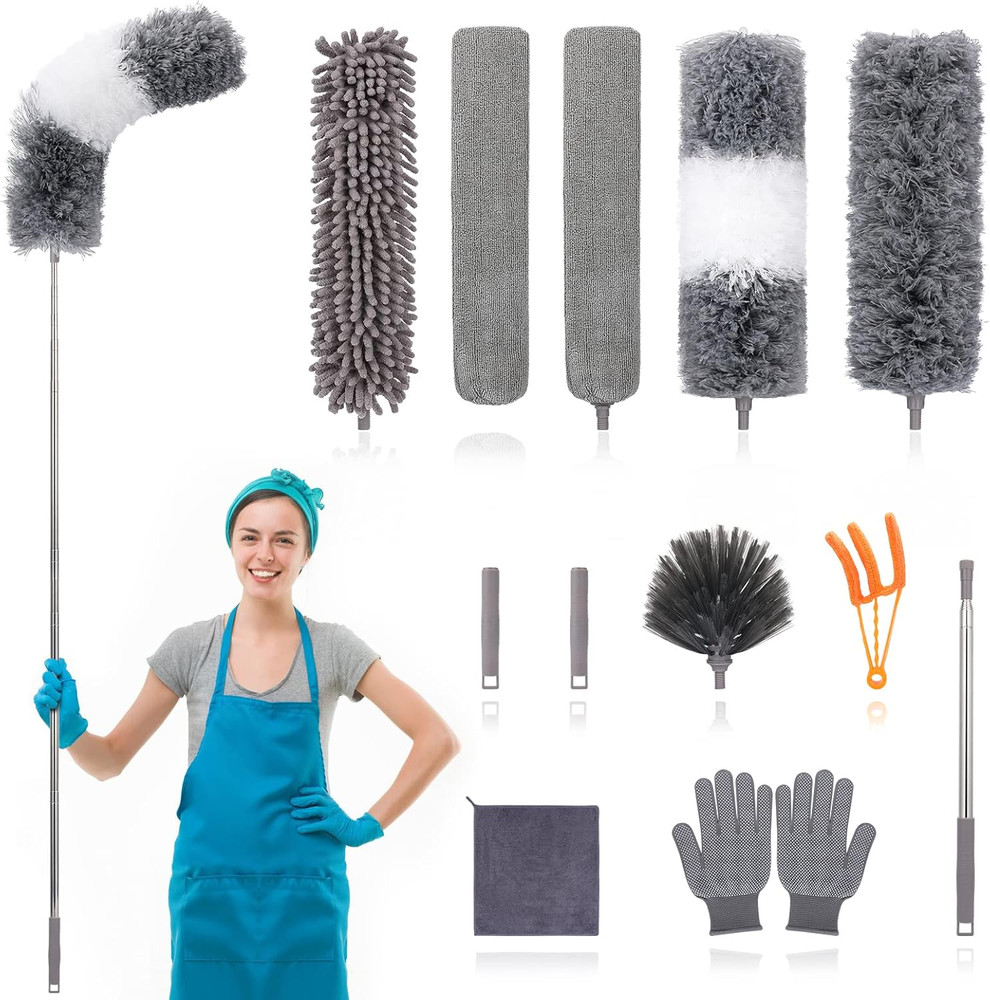 12pc Extendable Duster Kit 100in Pole with Microfiber Cobweb & Crevice Brushes
