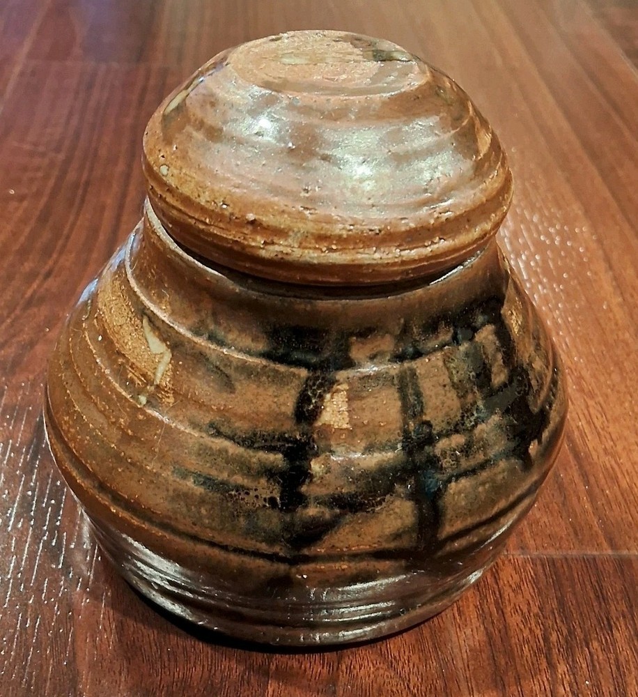 Clay or Stonewear Lidded Crock Just Under 4" Tall No Cracks Or Chips EUC