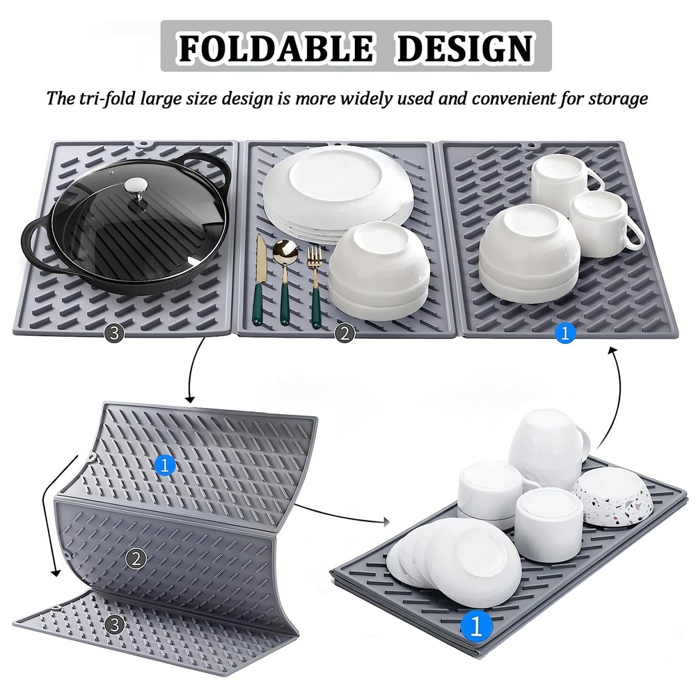 Silicone Dish Drying Mat for Kitchen Counter, Collapsible Trifold Large Dish ...