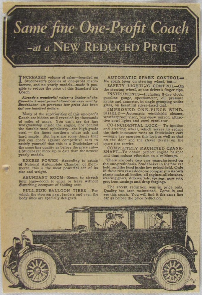 Vintage 1925 STUDEBAKER Coach Car Newspaper Print Ad