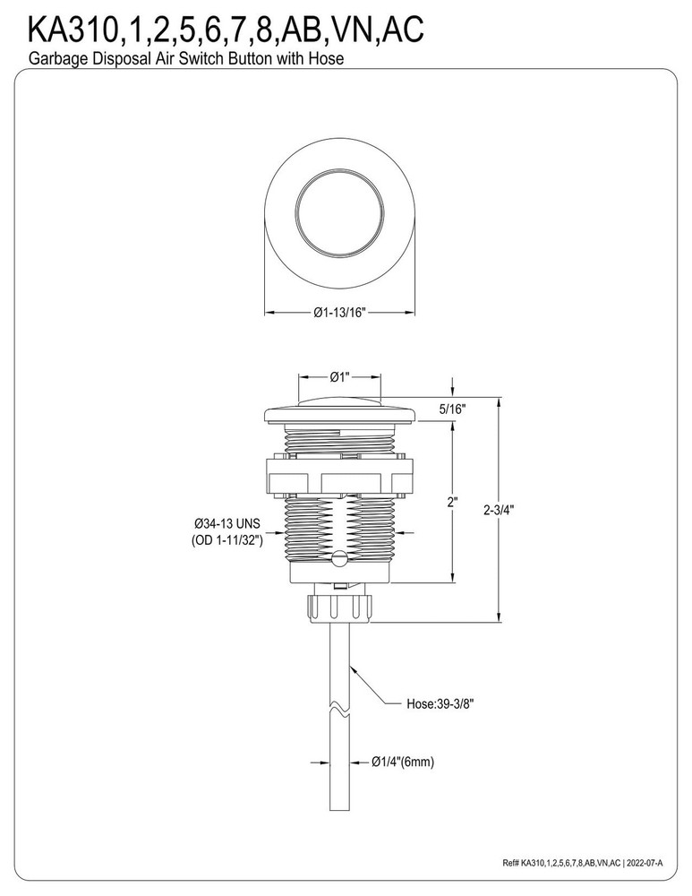 Matte Black Air Switch Button for Kitchen Garbage Disposal Systems