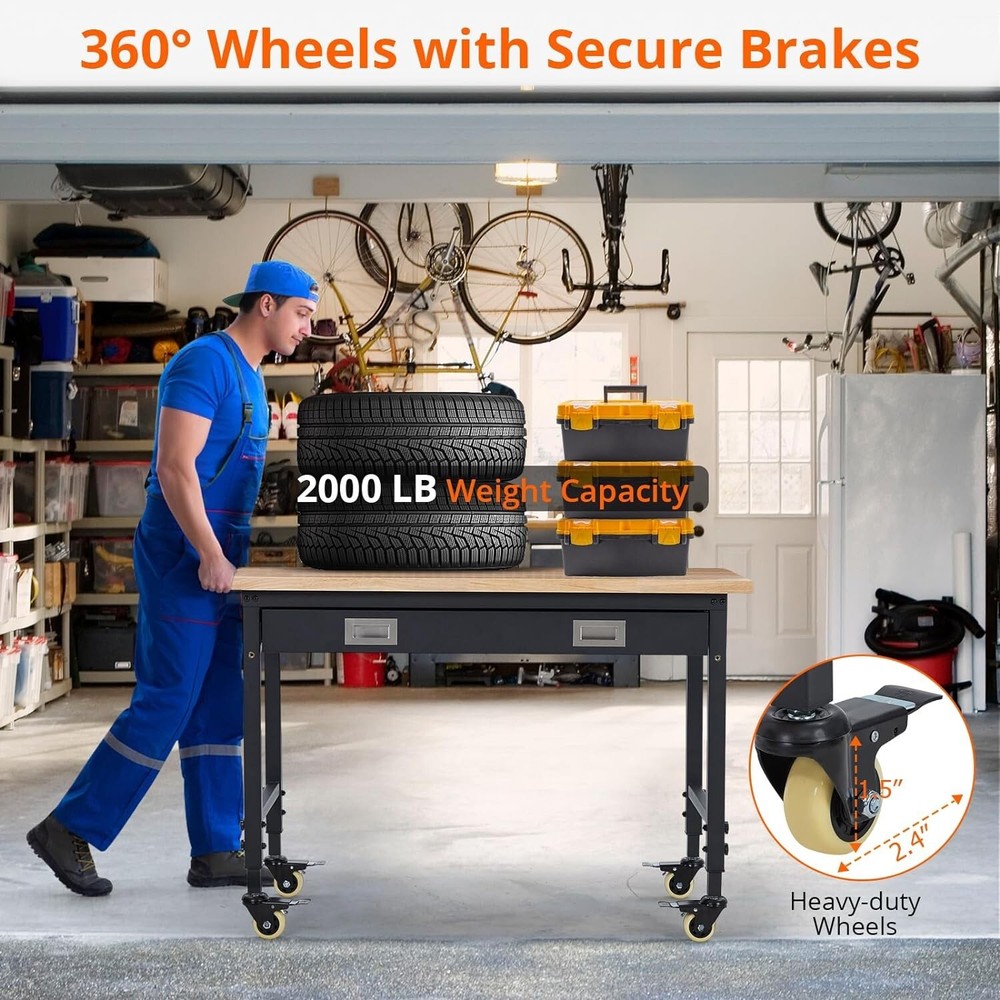 48" Adjustable Height Workbench 2000 LBS Workstation With 9.8FT Cable & Drawer