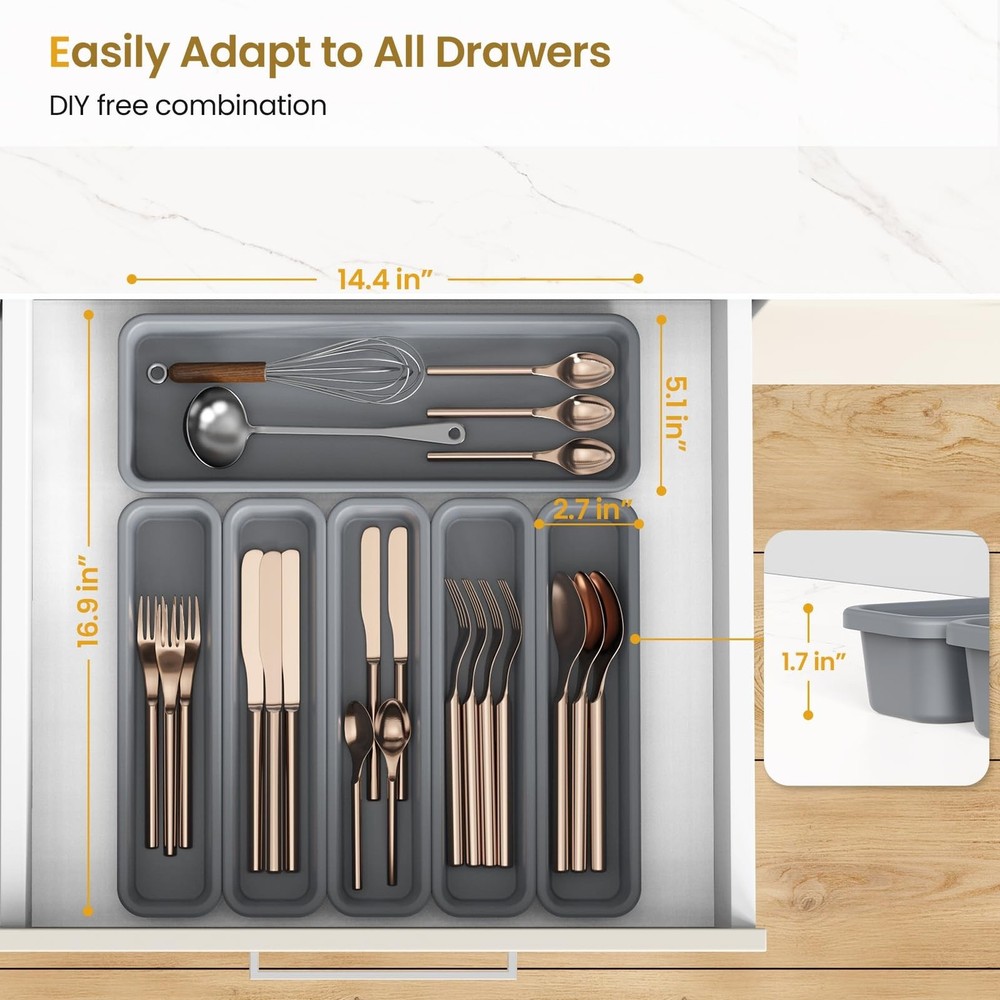 6 Pack Silicone Drawer Organizer for Kitchen, DIY Free Combination Silverware...