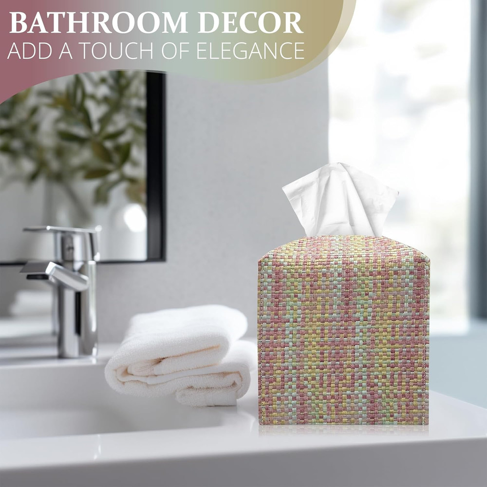 Tissue Box Cover, PU Leather Square Tissue Box Holder with Woven Pattern, Cube T
