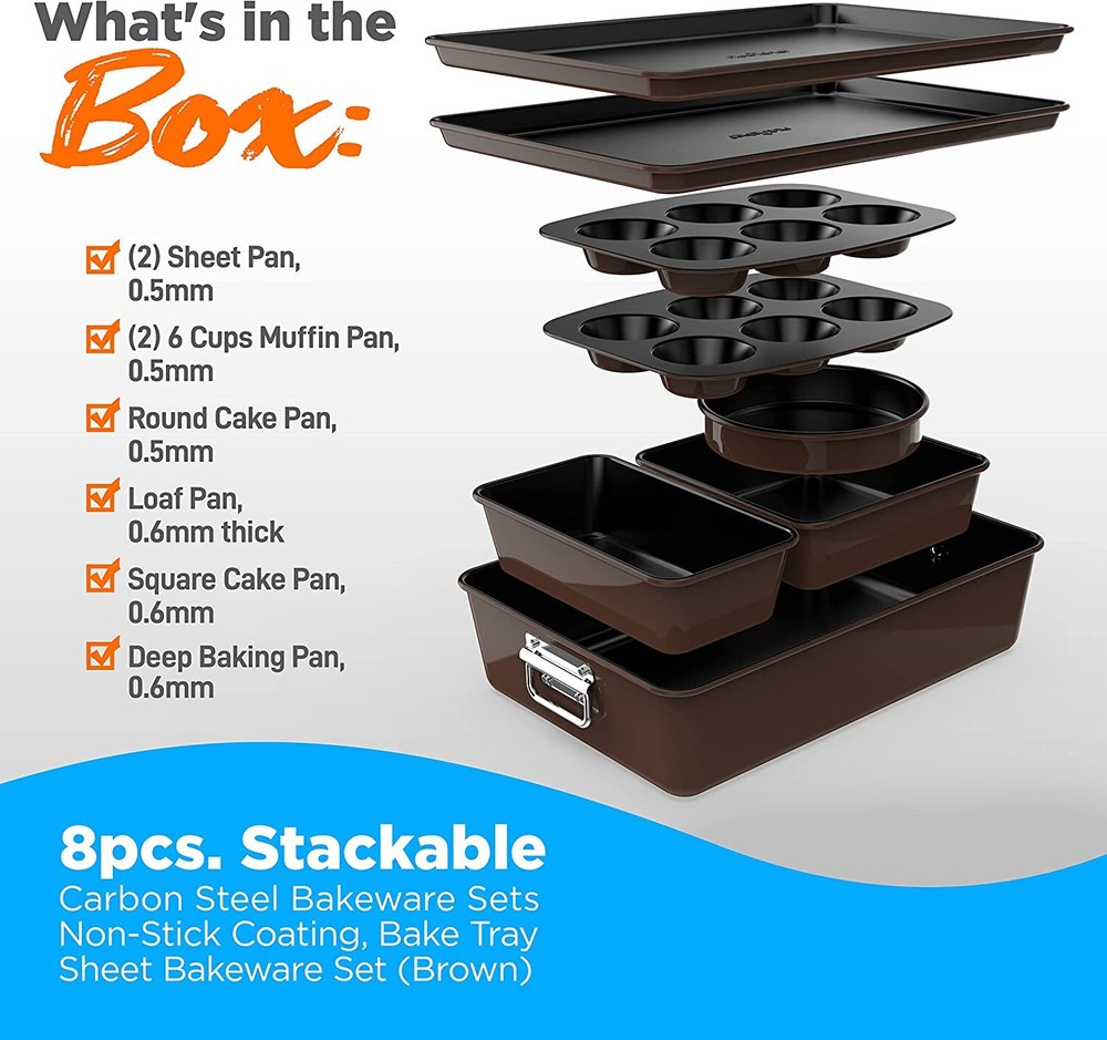 Nutrichef NCBKSTK 8Pc Stackable Carbon Steel Bakeware-Brow
