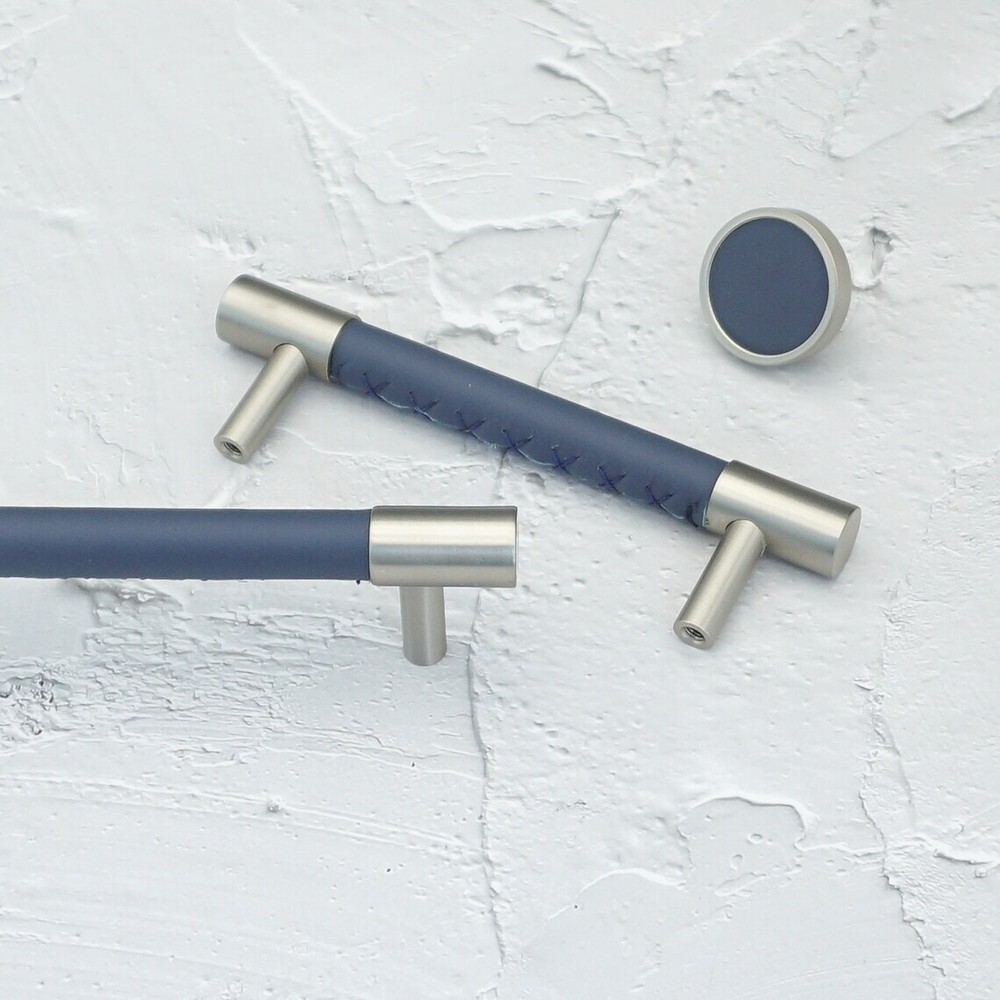 MFYS Navy Blue Leather & Brushed Nickel Cabinet Handle Wardrobe Pull Drawer Pull