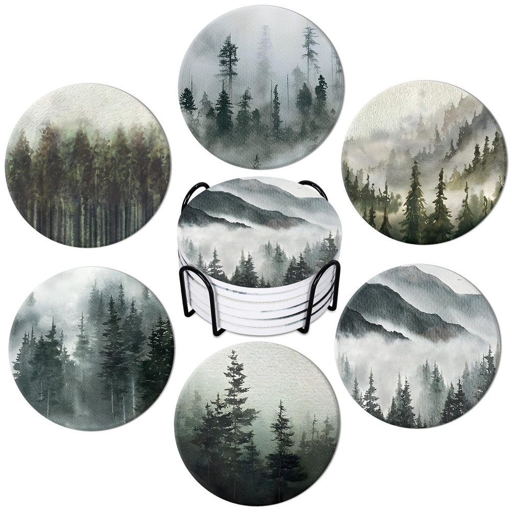 Whaline 6Pcs Forest Coasters with Holder Misty Forest Ceramic Drink Coasters ...